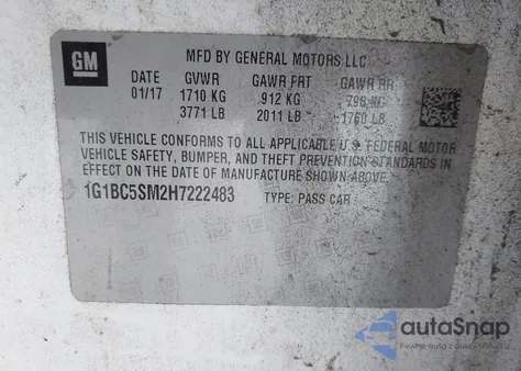 2017 Chevrolet Cruze Ls Auto from USA, damaged, VIN 1G1BC5SM2H7222483